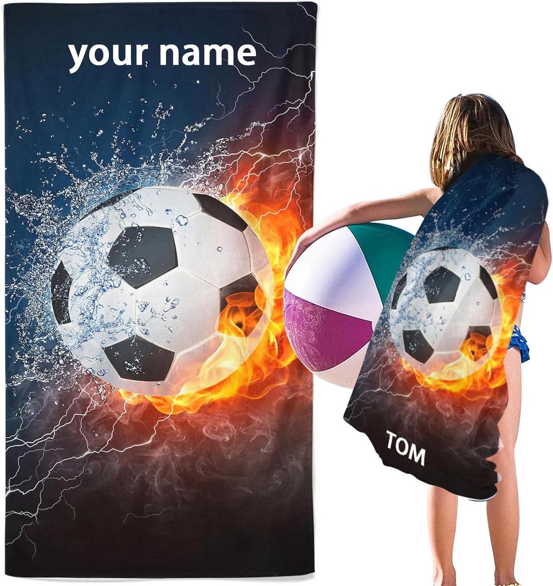 Personaliseerbare Voetbal Strandhanddoek met Naam - 40 x 80 cm - Microfiber Zandafstotend Sneldrogend