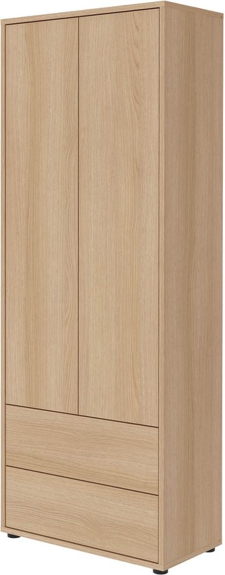 Hoge houten kast met eikenfineer, twee deuren en twee laden.