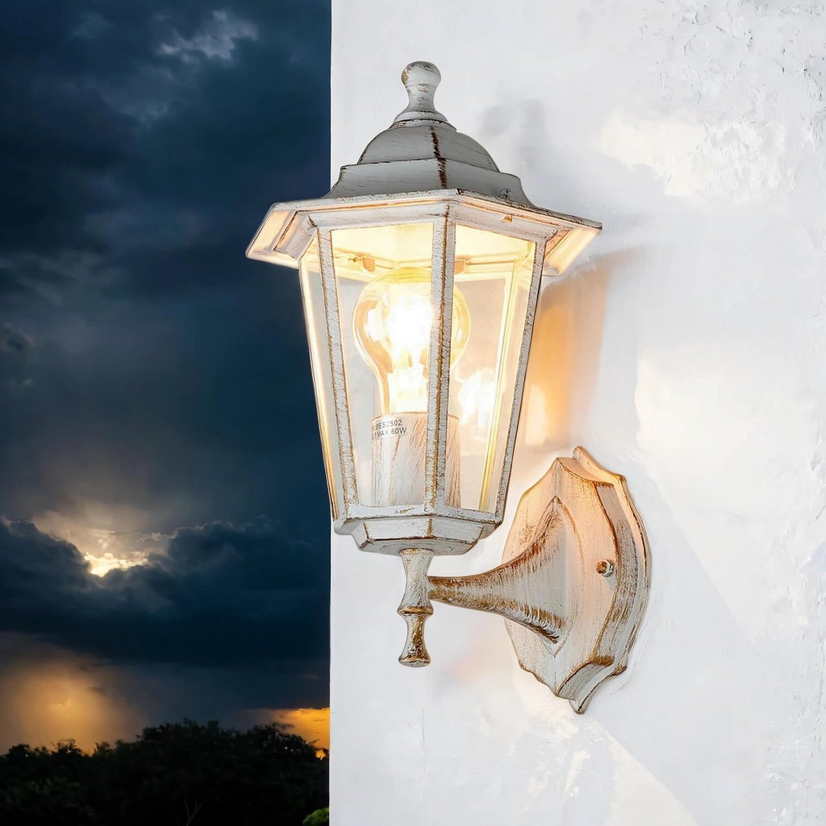 Rustieke Buitenwandlamp Wit Goud - E27 Fitting - IP43 - 36 cm Hoog - Aluminium & Glas