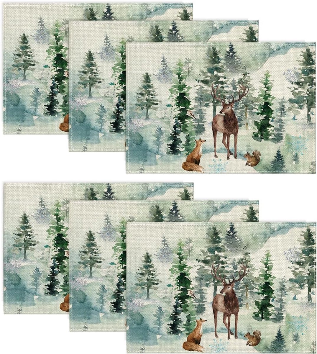 Set van 6 Placemats Winterbos: Herten, Vossen & Dennenbomen - Wasbaar Tafelkleed 30x45 cm