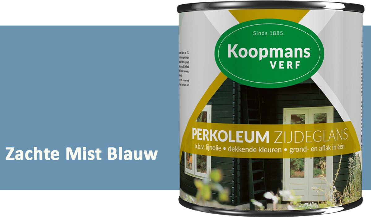 Koopmans Perkoleum Zijdeglans Dekkend – Houtverf Buiten – Dekkende Beits voor Schutting & Gevel – Elastisch & Weerbestendig – 2,5 l – Zachte Mist Blauw