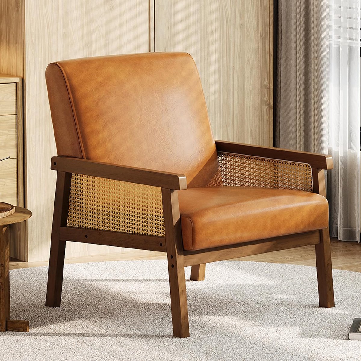 Luxe PU-Leren Fauteuil met Rotan Armleuningen - Houten Frame & Hoge Rugleuning - Vintage Leesstoel - Bruin