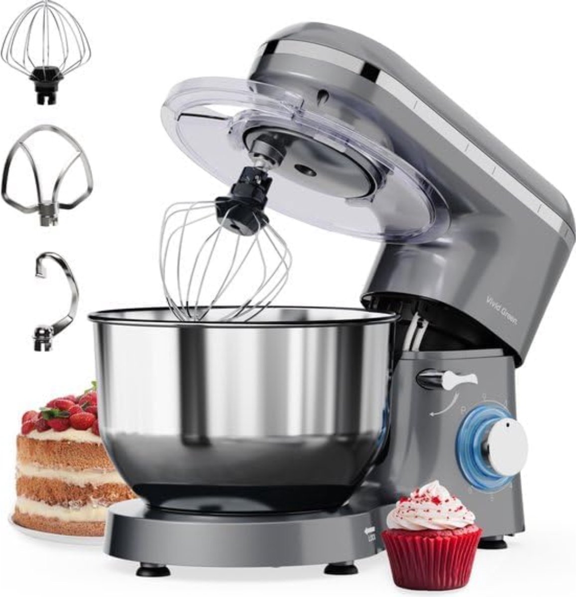 RONN® Mixer met Mengkom - Keukenmachine - Mixer - 6 Liter Mengkom - Grijs - 39cm x 24cm x 32cm