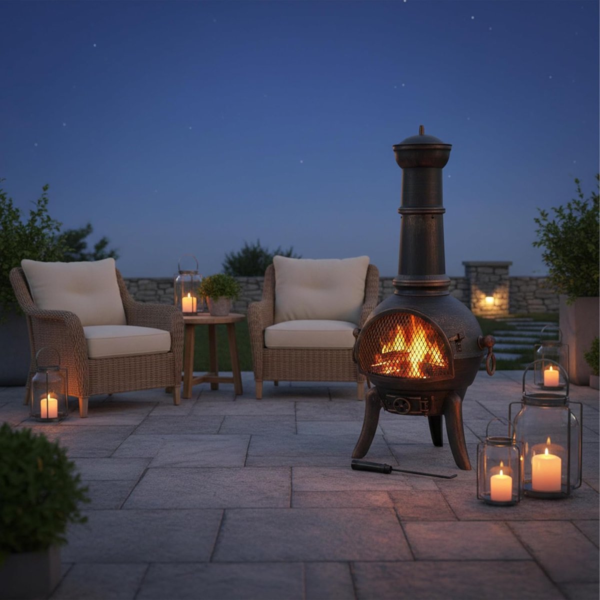 Terrasoven Azteekse Tuinhaard Vintage 110 x 53 x 44 cm Brons Gietijzer met Vonkbescherming, Pookhaak, Tochtklep en Regenkap - NoviHome