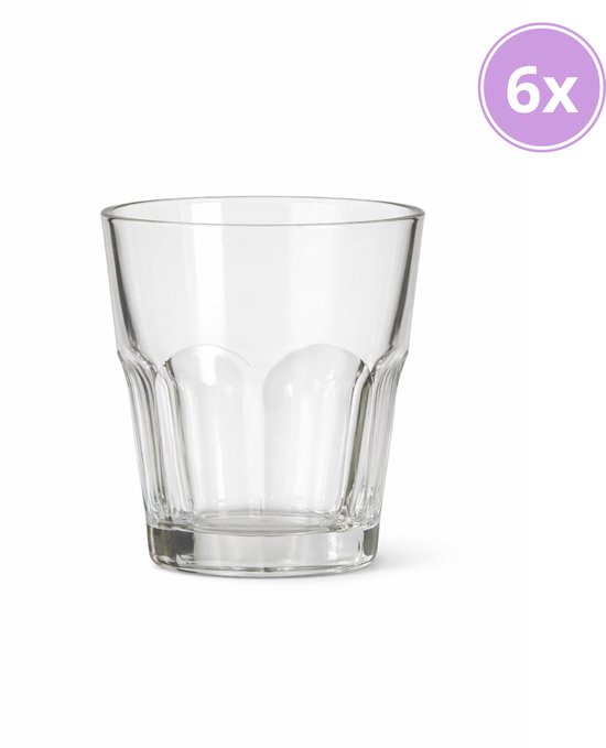 Un verre transparent vide avec une texture côtelée, 6x dans un cercle violet.