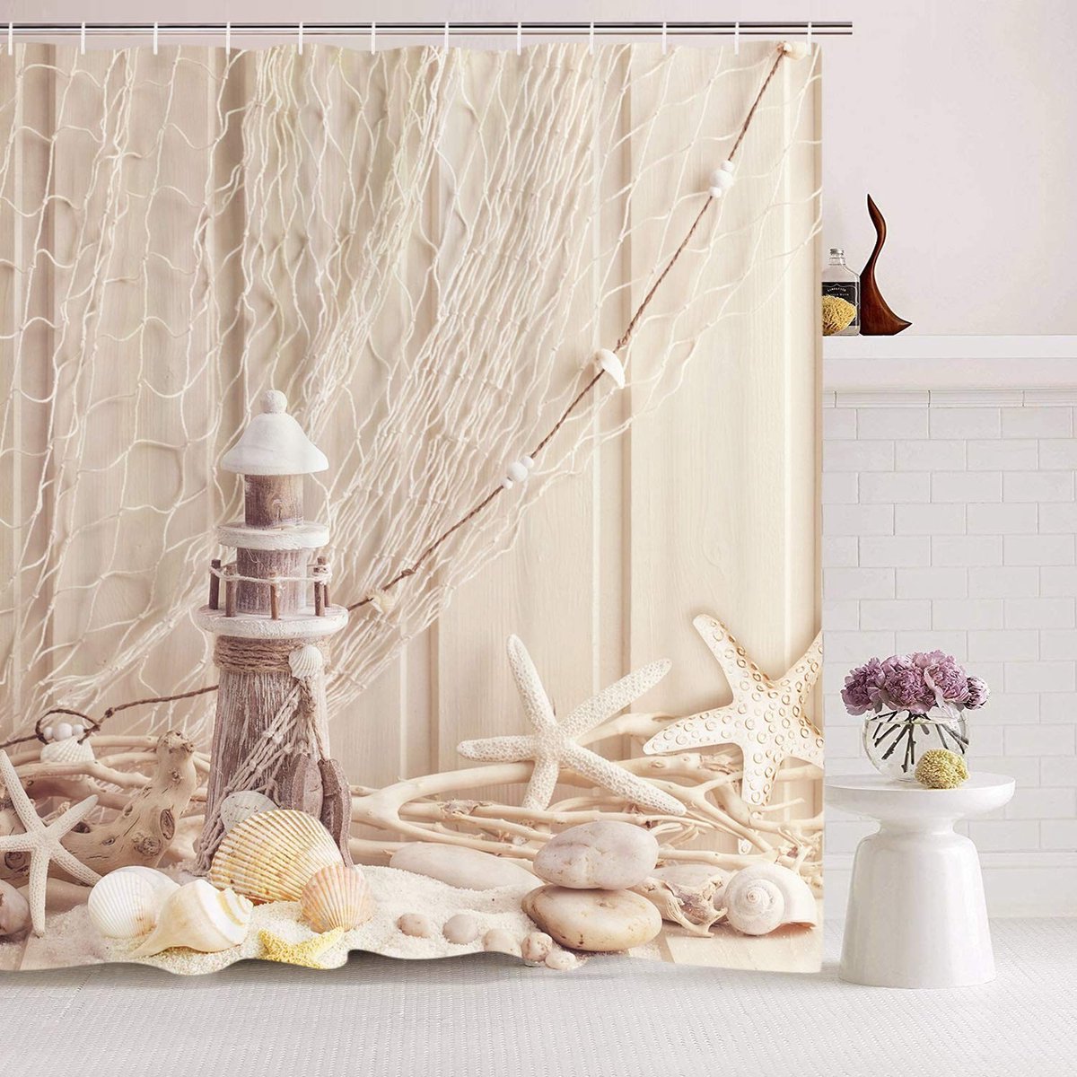 Allecto - Textile Shower Curtain Shells, 180x200 cm, Waterdicht en Anti-Moeg, Moderne Digital Print, Polyester, Beige