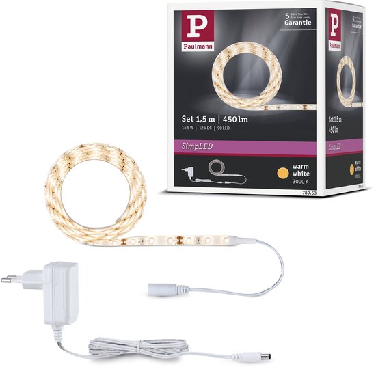Paulmann SimpLED LED Strip 1,5 Meter Warm Wit 3000K - Plug & Play Set - 5W - 300 lm/m - 60 LEDs/m - Voor Binnen - Gecoat