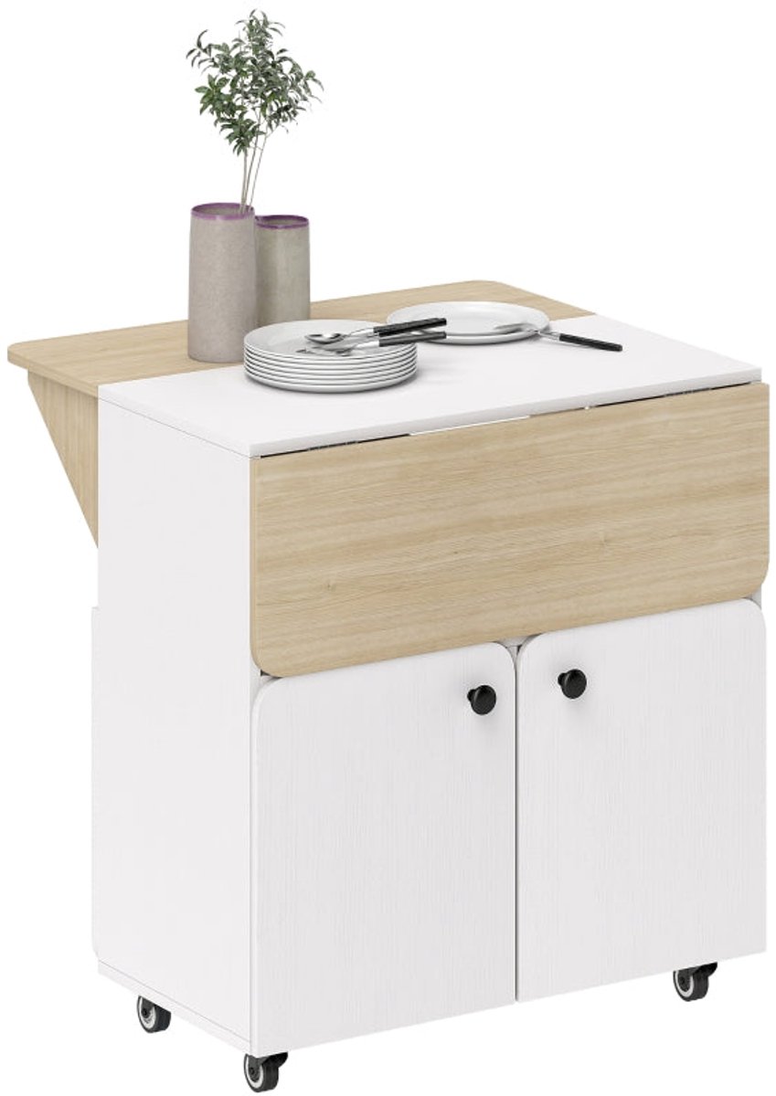 Merax Klaptafel met Opbergruimte en Wielen – Uitschuifbare Keukentafel voor 2-4 Personen – Ruimtebesparende Tafel – Wit met Houtkleur