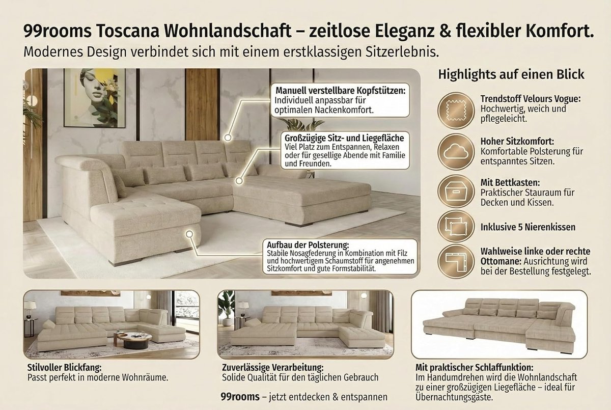 Corner Sofa with Sleep Function 212x363x100 cm – Modern Toscana Velour Living Room L-Shape Couch with Ottoman, Adjustable Headrests, Foldable Armrest, Storage & Cushions – Abkantoor