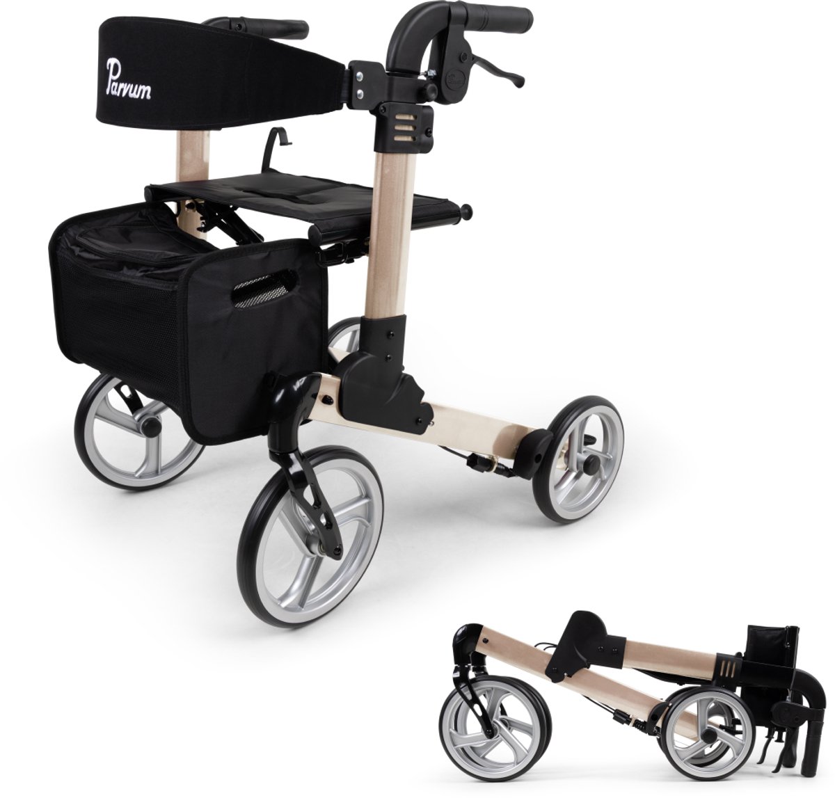 Parvum Luxo Rollator - Luxe dubbel opvouwbare rollator (6,8kg) - Incl. stokhouder, tas & rugleuning - Champagne, Small