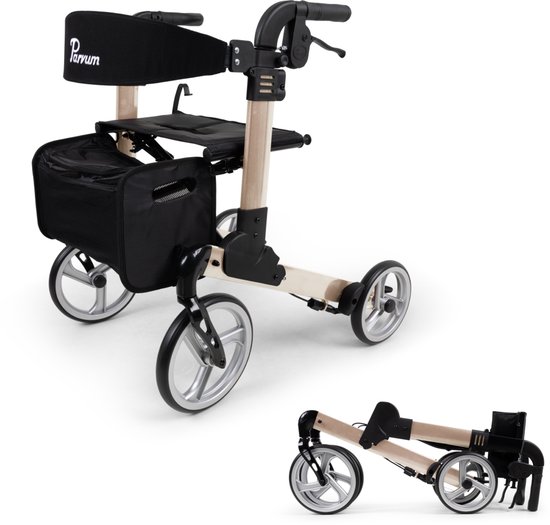 Parvum Luxo Rollator - Luxe dubbel opvouwbare rollator (6,8kg) - Incl. stokhouder, tas & rugleuning - Champagne, Small
