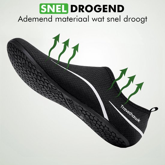 Zwarte waterschoen met witte streep, met pijlen die luchtdoorlatendheid aangeven.