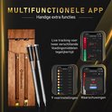 Twee zilverkleurige vleesthermometers in een houten kistje, naast vier schermen die de app-functies tonen.
