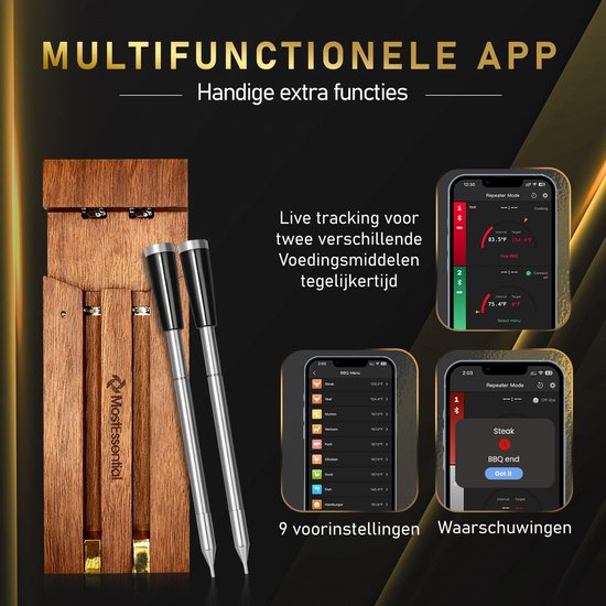 Twee zilverkleurige vleesthermometers in een houten kistje, naast vier schermen die de app-functies tonen.