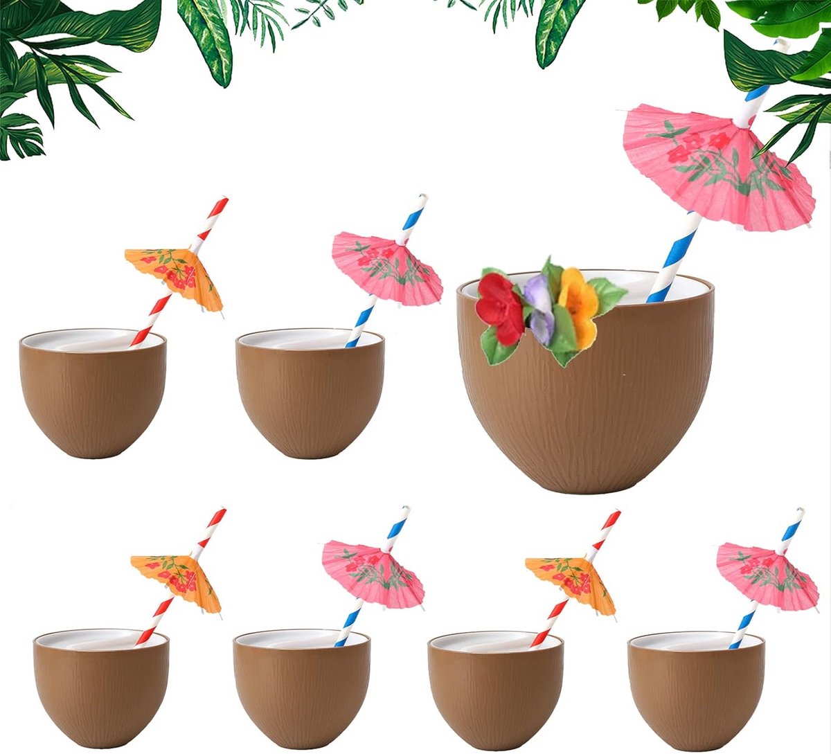 Set van 6 Kokosnoot Drinkbekers met Rietjes voor Tropische Feesten