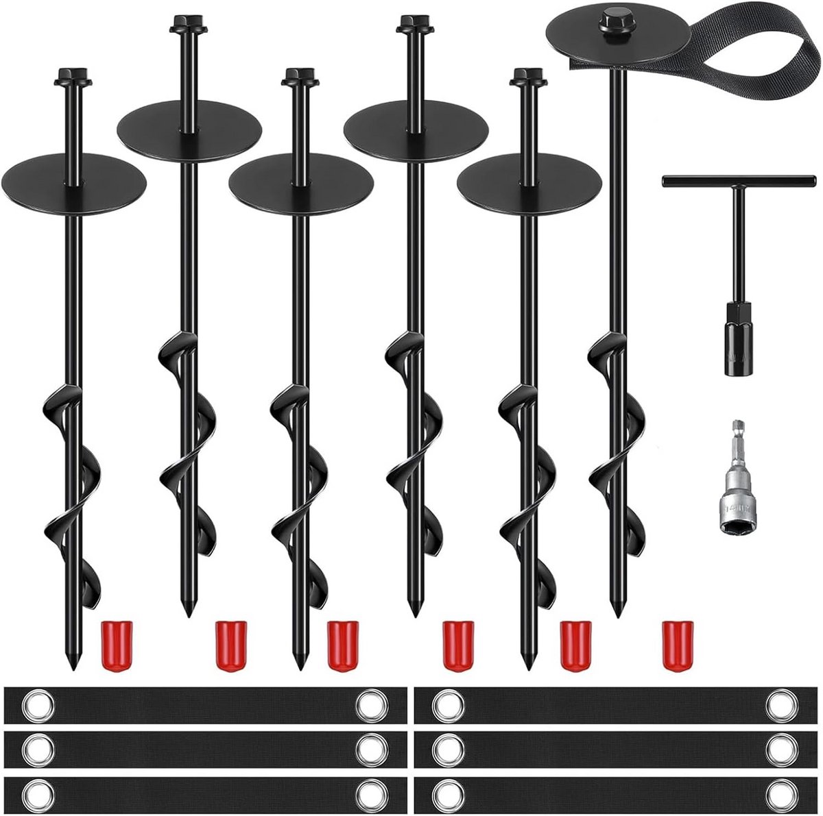 Set van 6 Grondankers met Spanbanden - 30 cm - Voor Trampoline, Schommel, Tent en Paviljoen