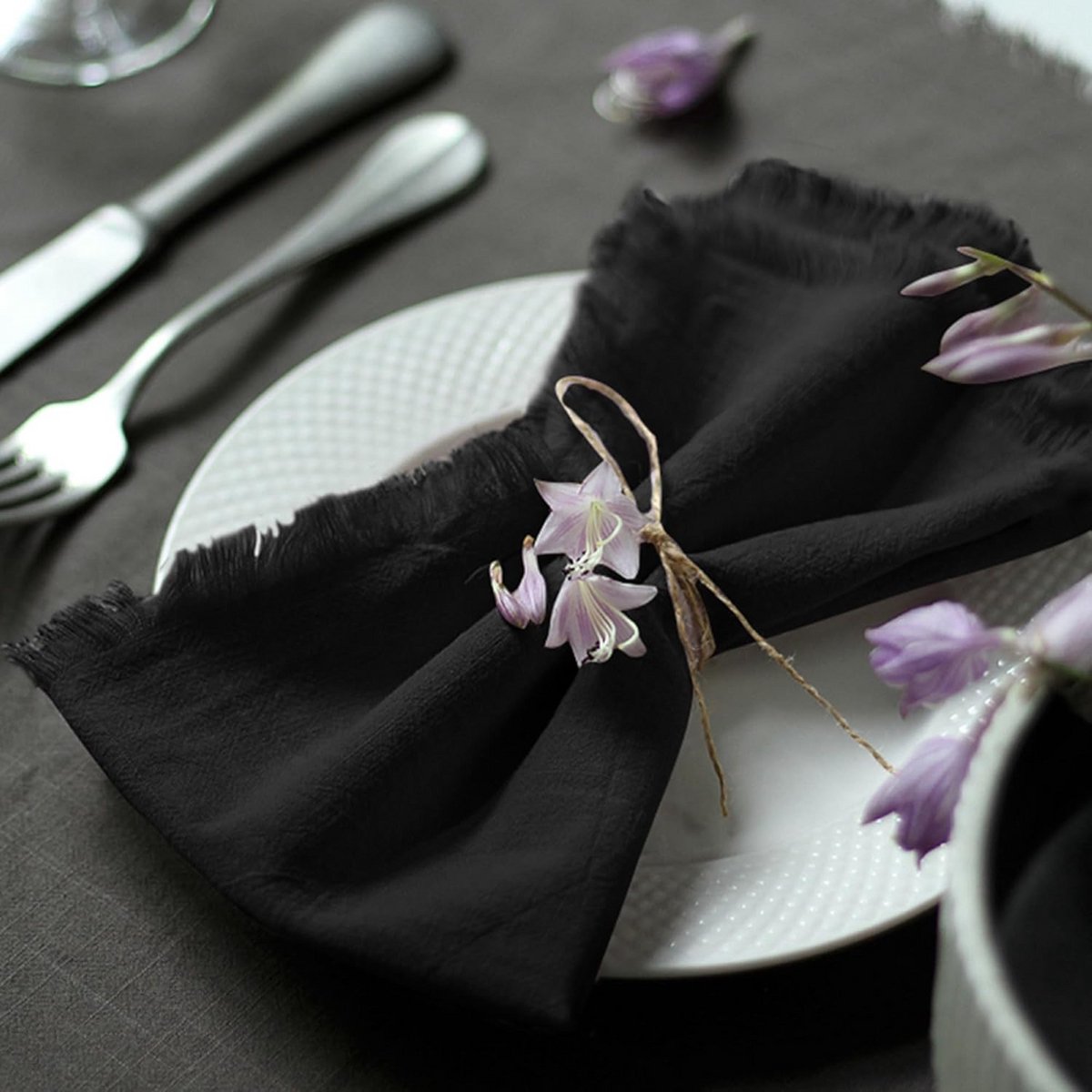 Luxe Katoenen Servetten met Franje, Set van 12, Zwart, 45x45 cm