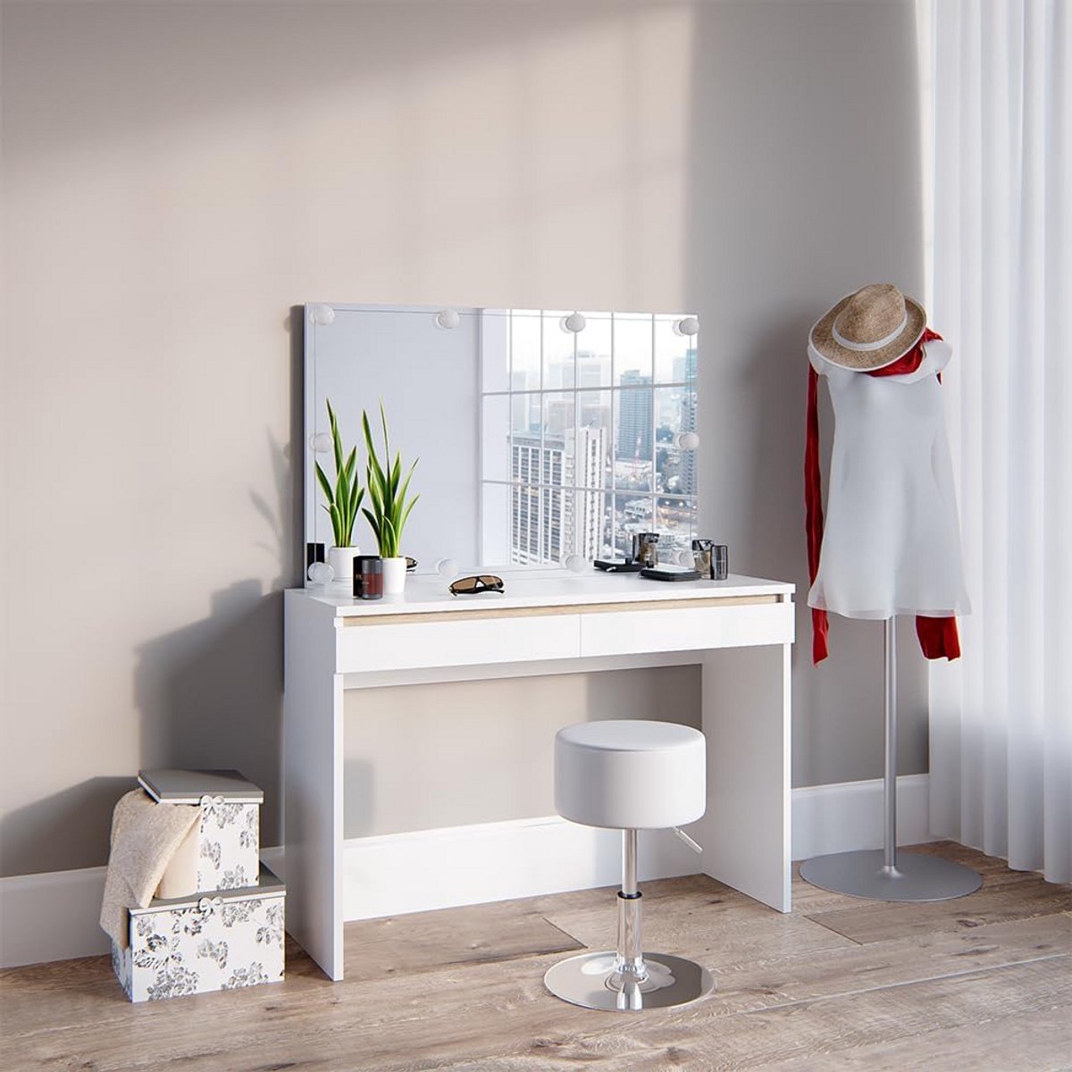 Make-uptafel Set Wit met Kruk en LED Verlichting