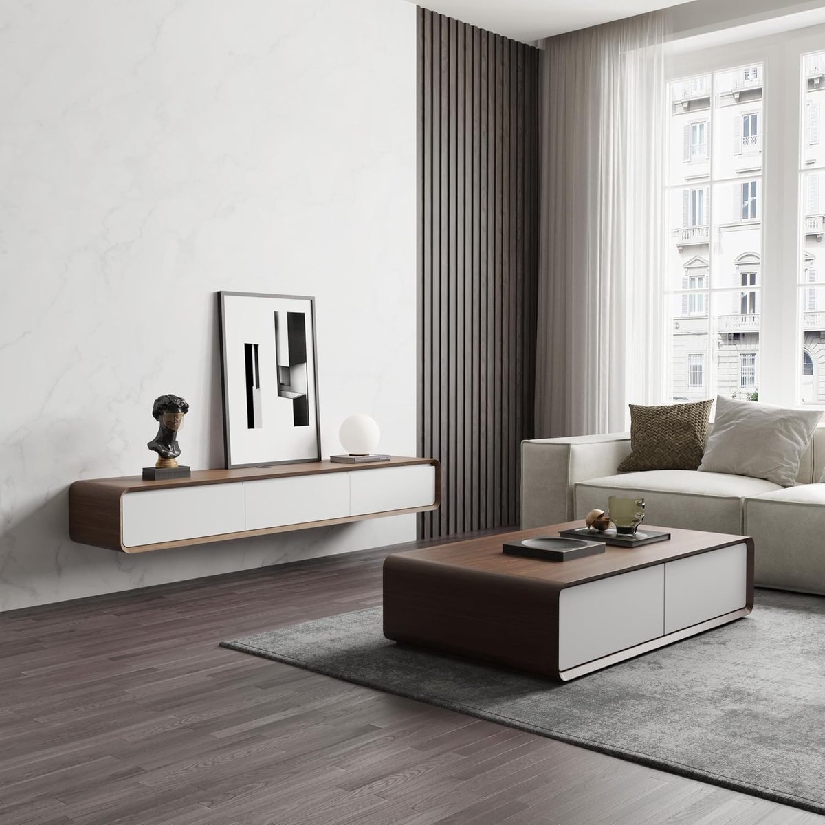 Zwevend TV-meubel 180 cm Modern Wit & Walnoothout – Hangend TV-meubel met 3 Laden, Kabelmanagement, Duurzaam MDF, Hoogwaardig en Ruim Opbergmeubel – ABkantoor