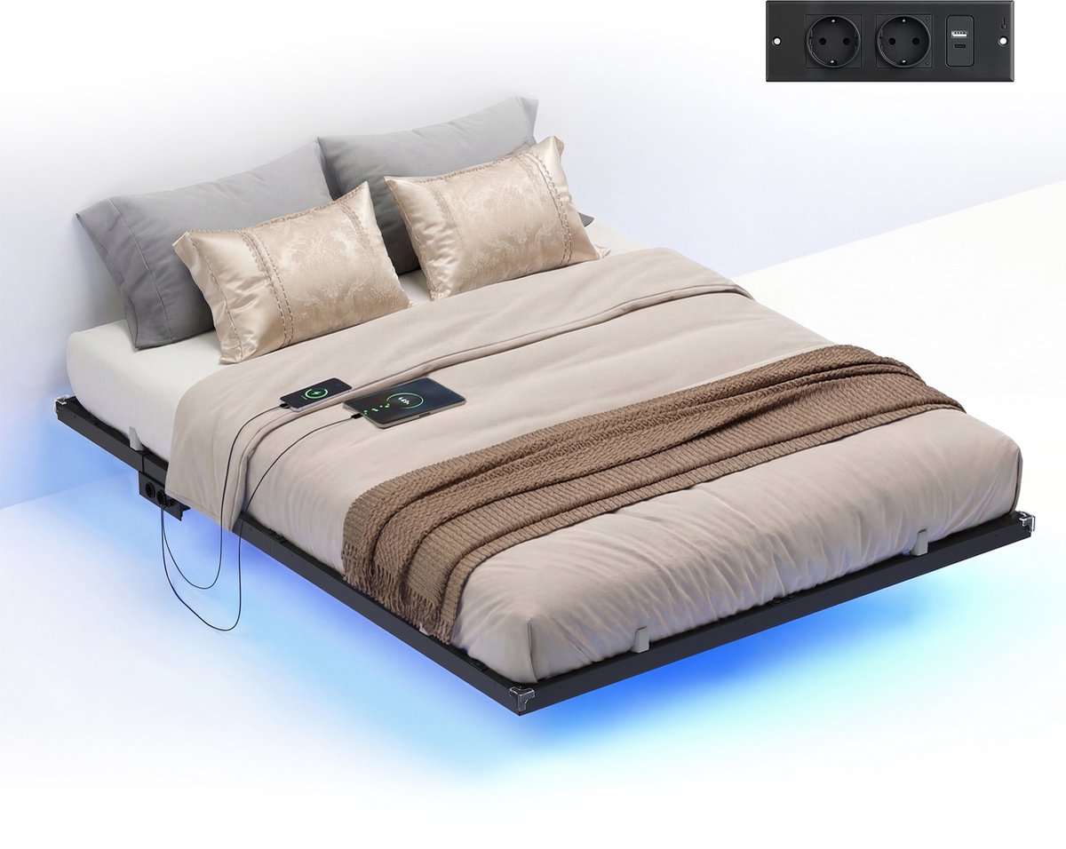 Vasagle Bed - Metalen Bed - Met Zwevend Effect - LED-verlichting - Stekkerdoos met USB en Stopcontacten Inktzwart