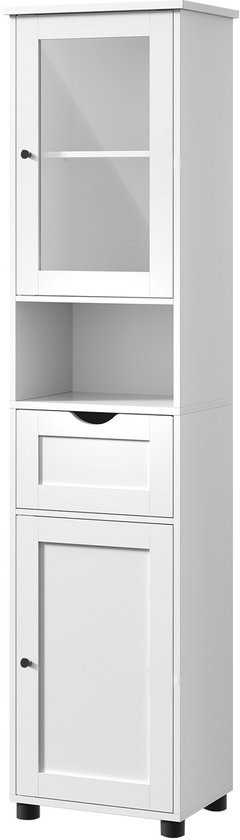 Hoge witte badkamerkast met glazen deur bovenaan, open vakken, lade en dichte deur onderaan.