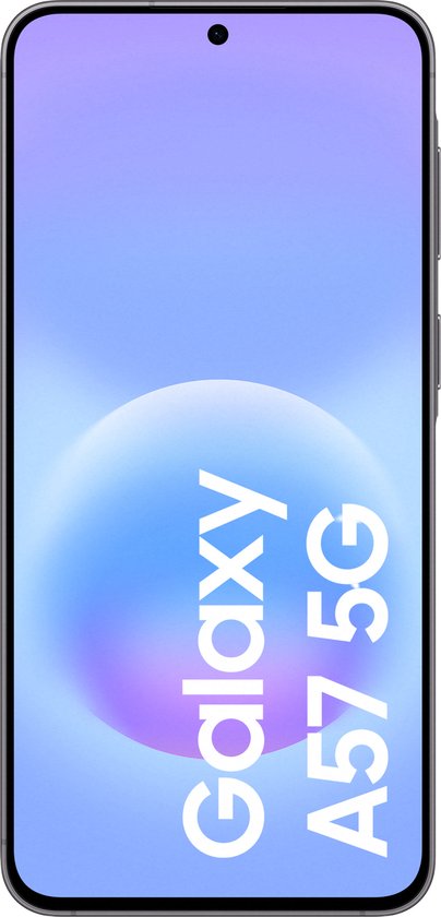 Voorkant van een grijze Samsung Galaxy A57 5G smartphone, met de tekst "Galaxy A57 5G" op een blauwe achtergrond.