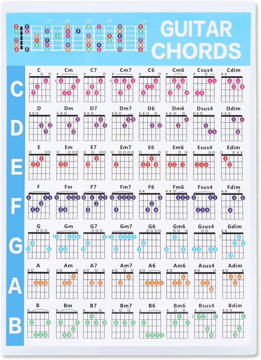 Gitaarakkoord Poster - Akkoorden Gids - Muziek Leren - 56 Kleur Gecodeerd - 44x5cm