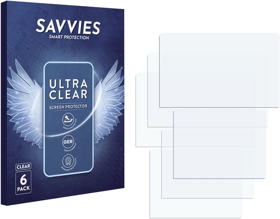 Emballage de 6 protecteurs d'écran Savvies Ultra Clear, avec le texte '6 PACK' et des illustrations.