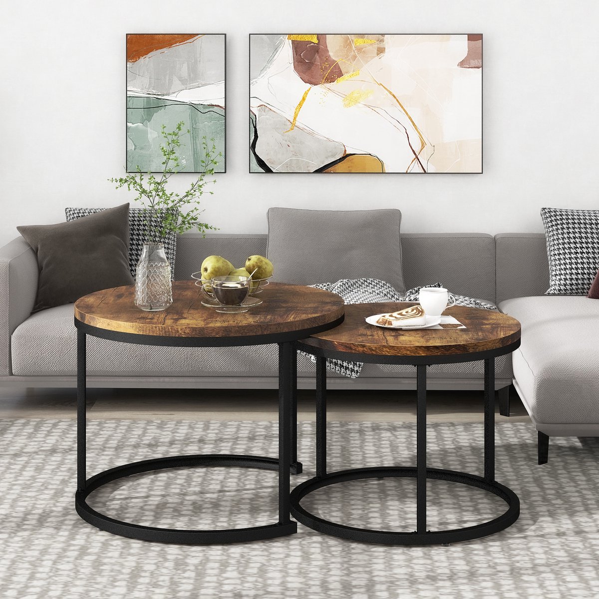 Wishdor - Ronde Salontafelset Van 2 - Nestbaar - Modern - Voor Woonkamer - MDF En Metaal - Bruin - 50 x 70,5 cm / 45,5 x 44 cm