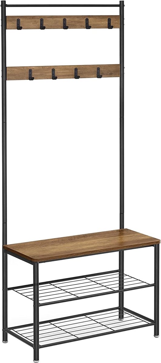 Vintage bruin-zwart kapstok met 9 haken en schoenenrek (2 niveaus) – 70×32×175 cm (BxDxH)