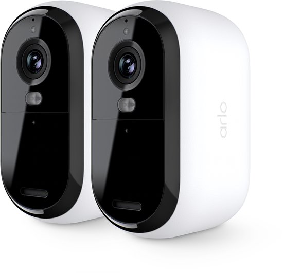 Twee witte Arlo Essential camera's met zwarte voorkant en lens.