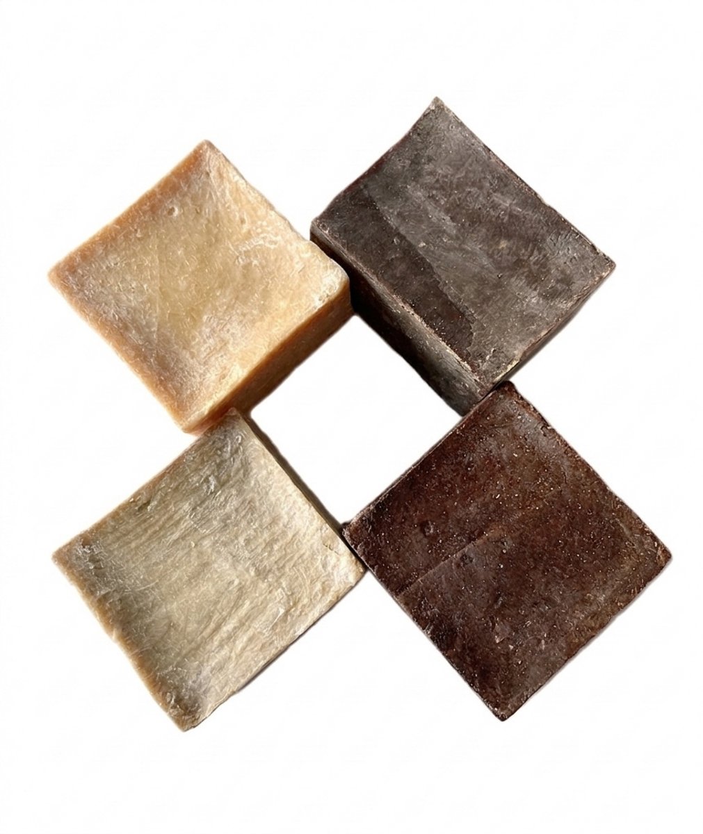 Natuurlijke zepen - Proefset van handgemaakte zepen bevat Arganolie, Geitenmelk, Jeneverbes teer, Zwavel met Jeneverbes teer. (Handmade soaps trial set - Agran oil, Goat milk, Juniper tar and Sulfur with juniper tar soap)