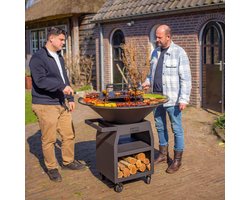 RJRoyal Living BBQ Plancha Grill Maestro XXXL Ø100cm Blackline - Met Grote wielen en houtopslag vuurschaal 100cm stalen bakplaat