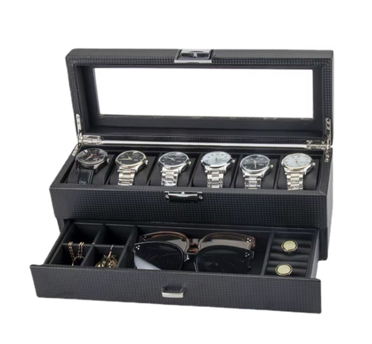 Luxe Horlogebox voor 6 Horloges Sieraden - Horlogekist met Glazen Deksel - Lederen Carbon Fiber Look - Inclusief Lade voor Zonnebrillen, Ringen Manchetknopen - Horloge Organizer - Zwart