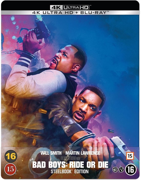 Will Smith en Martin Lawrence in "Bad Boys: Ride or Die" Steelbook editie 4K Ultra HD Blu-ray. Ze dragen handboeien en houden wapens vast.