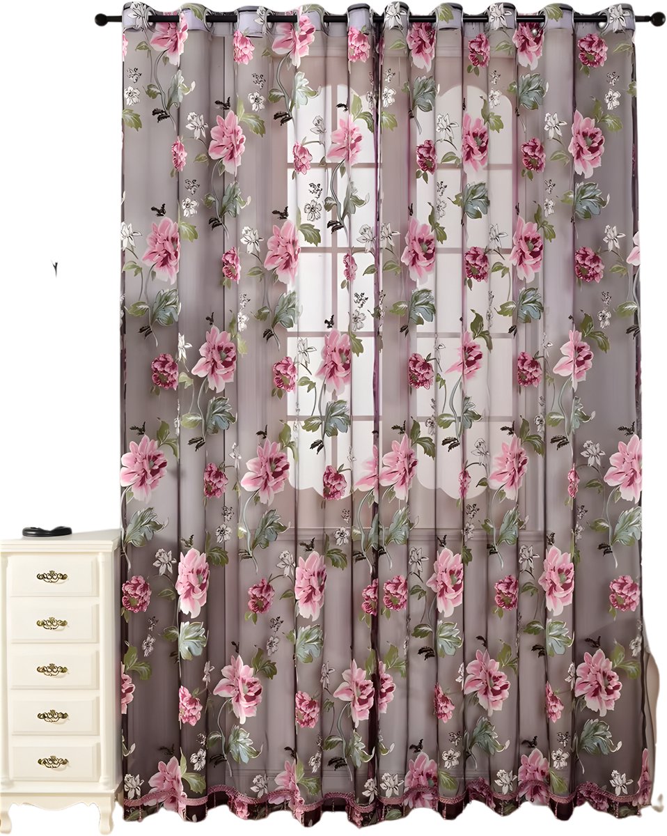 Happiq Pioenbloem Gordijn 1 Stuk - Voor Woonkamer, Badkamer & Slaapkamer - Transparant Euramerican Woondecoratie - 1pcs Purple Peony