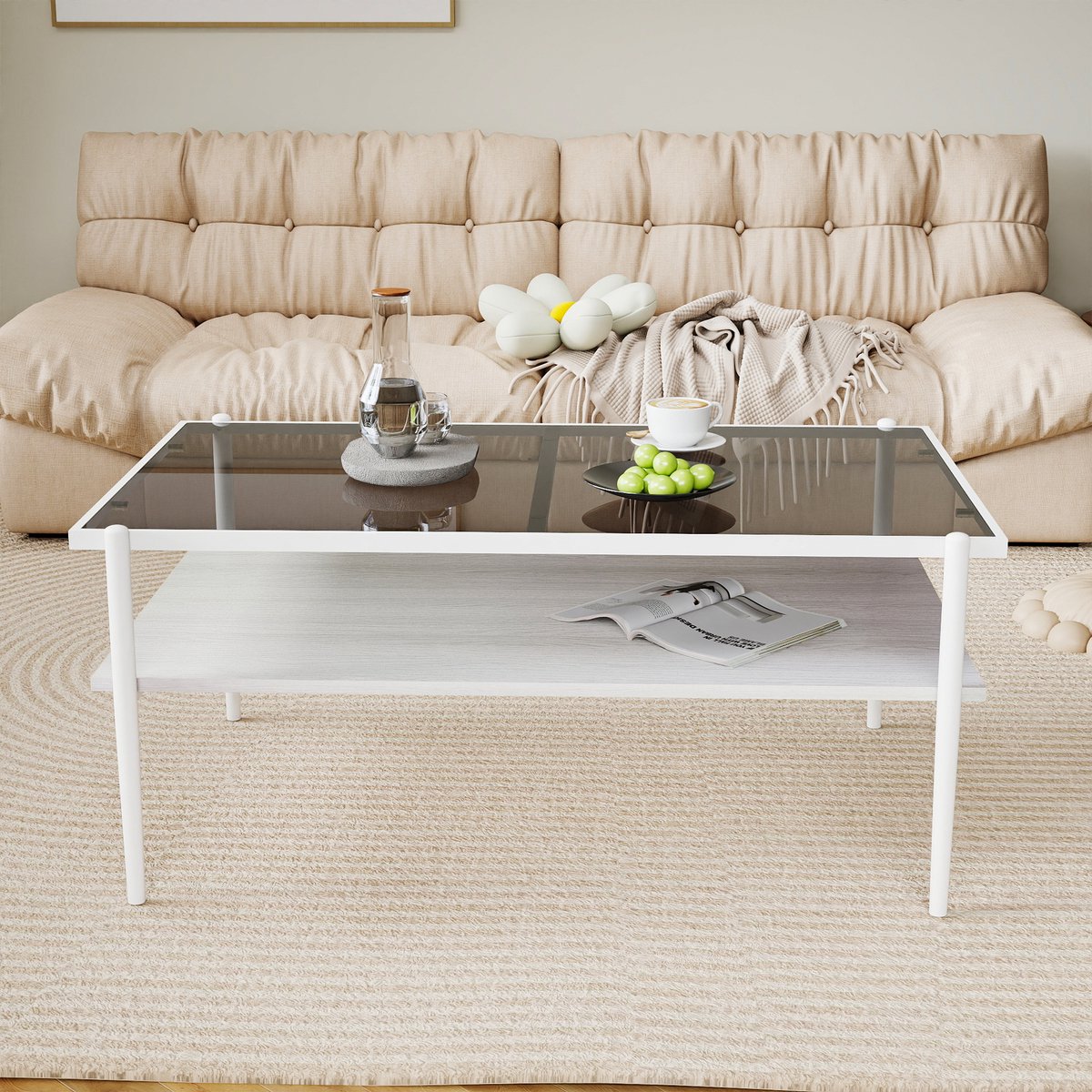 REDOM Salontafel - Gehard Glas En MDF - Modern - Voor Woonkamer - Grijs En Wit Grijs+Wit