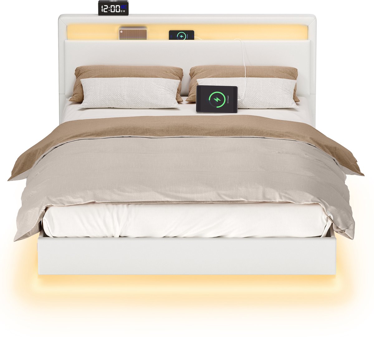 Vasagle Bed - Met Zwevend Effect - LED-Verlichting - Hoog Hoofdbord - Ingebouwde Stopcontacten Wit