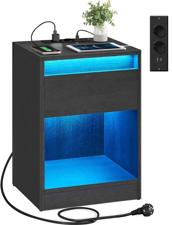 VASAGLE - Nachtkastje - Met Instelbare LED-Verlichting - Stopcontacten en USB-Poorten - Met Lade