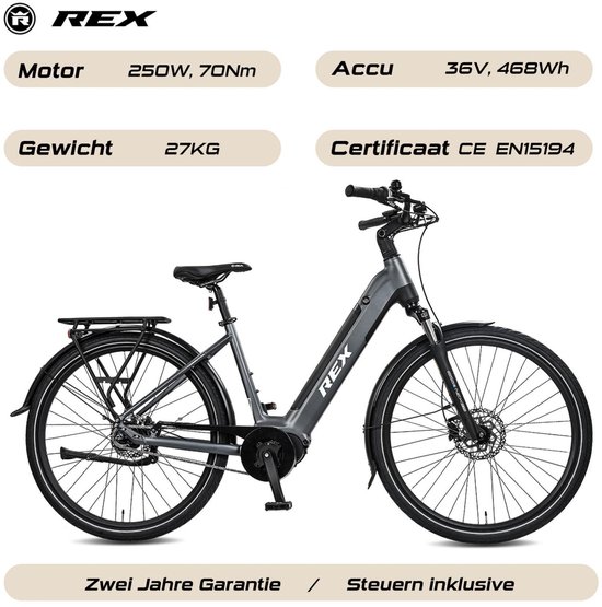 REX Commuter+ City Elektrische Fiets - Middenmotor 250W - Actieradius 100km - 28 Inch Banden - SHIMANO 7 Versnellingen van Merkloos — afbeelding 2