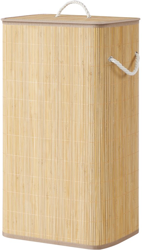 Rechthoekige bamboe wasmand met touwgrepen, een deksel en beige randen.