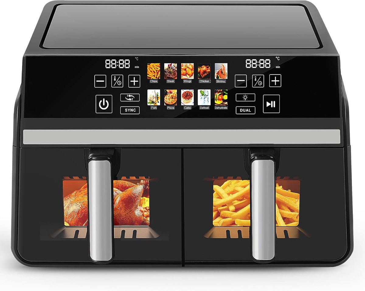 Heteluchtfriteuse Dubbele Lade - Airfryer XXL - Gezinsmaaltijden Bereiden - SYNC/DUAL Functie - 10 Liter Capaciteit - Zwart