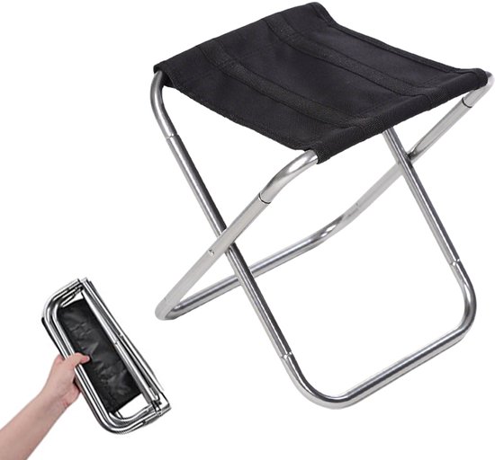 Campingstoel - Opvouwbare campingstoel - Draagbare kruk - Visstoel voor buiten - 24,8 x 22,5 x 27 cm - Aluminiumlegering - Compact en draagbaar - Inclusief opbergtas - Geschikt voor wandelen, kamperen, strand, achtertuin, gazon en picknicks -Zwart