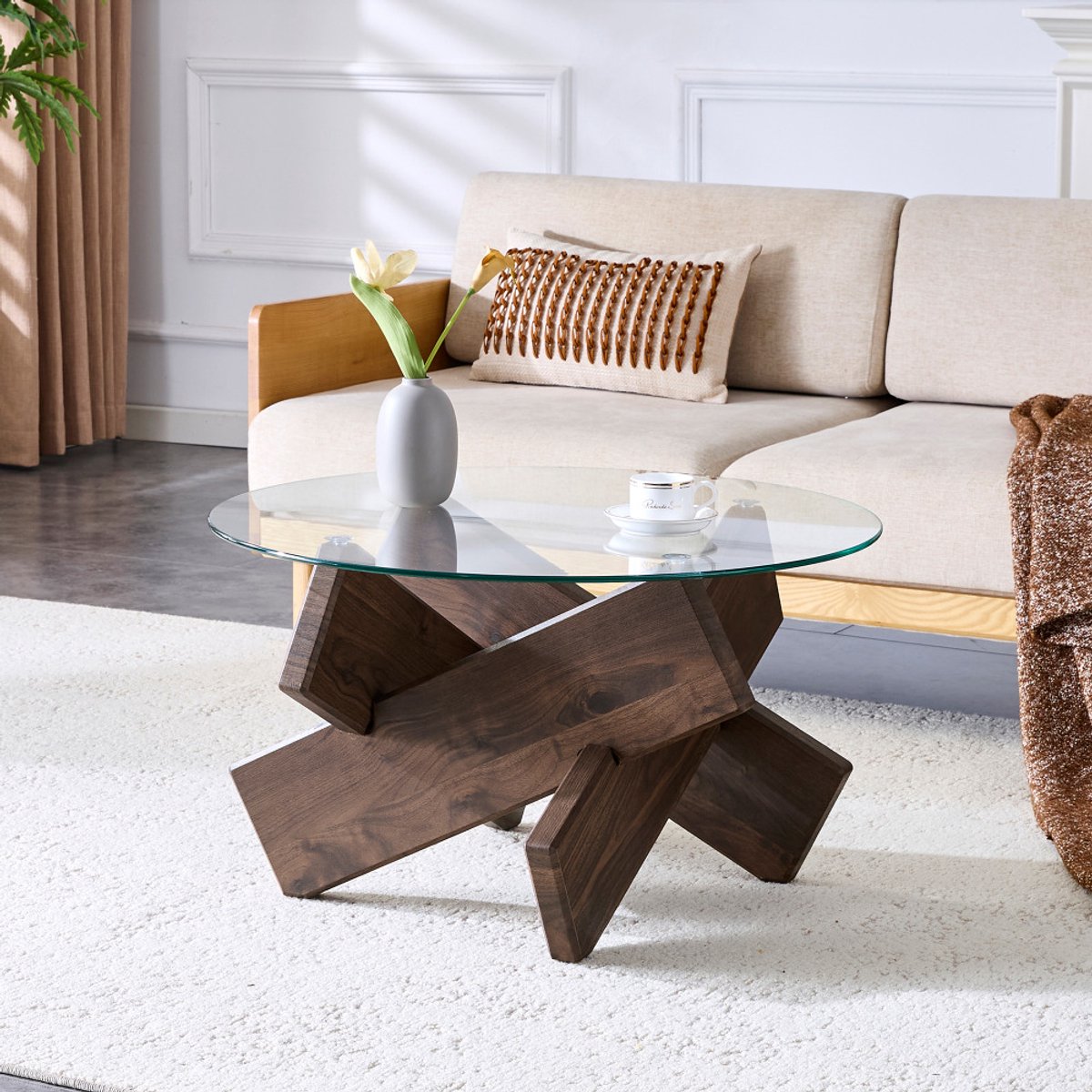 Salontafel - Meerkleurig - Glas - MDF - Walnoothout