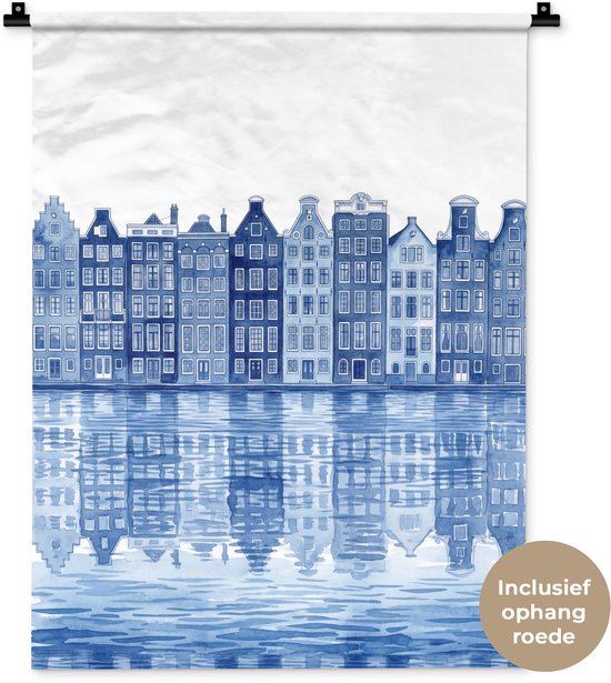 Wandkleed 60x80 cm - Wanddoek Aquarel - Grachtenpanden - Delfts - Blauw - Wandtapijt - Wandkleden