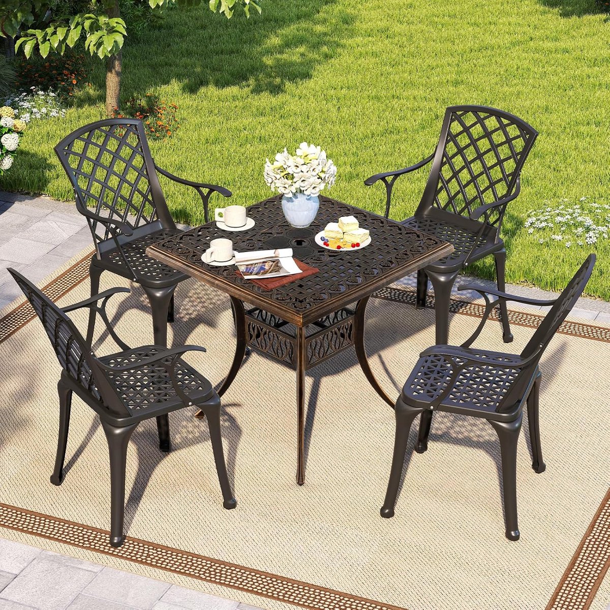 Vierkante tuintafel 80x80x75 cm met parasolgat – Aluminium weerbestendige bistrotafel voor 4 personen – Buiten eettafel voor tuin, terras en balkon – Laura