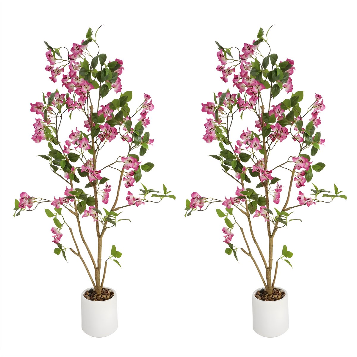 Happiq Kunstmatige Bougainvillea Boom - Voor Thuis & Kantoor - Faux Zijde Bloemenplant met Bloemen - 2 Stuks, 120 cm, Inclusief Plastic Pot - Light Purple