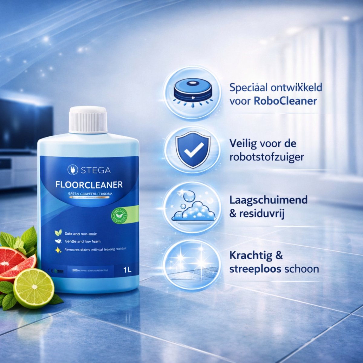 STEGA® Floorcleaner Vloerreiniger voor Robotstofzuiger met Dweilfunctie - 1 Liter - Laagschuimend – foto 5