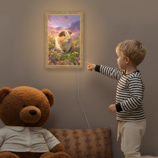 Nachtlampje 20x30 cm - Kinder lampje - Cavia - Kleurrijk - Bloemen - Tafellamp kinderkamer - Slaapkamer lamp - Bedlamp kinderen - Kinderlampje stopcontact - Wandlamp babykamer - Nachtlampjes van Merkloos — afbeelding 5