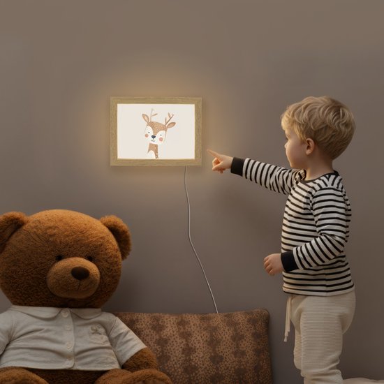 Nachtlampje 20x15 cm - Kinder lamp - Hert - Bosdieren - Beige - Tafellamp kinderkamer - Slaapkamer lamp - Bedlamp kinderen - Kinderlampje stopcontact - Wandlamp babykamer - Nachtlampjes van Merkloos — afbeelding 5
